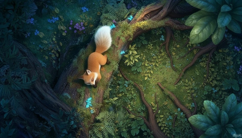 A fox is sitting on a tree branch