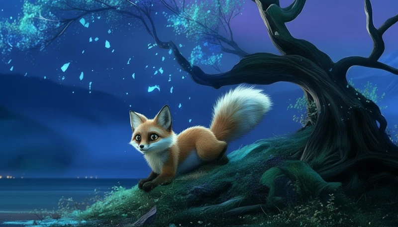 A fox sitting on a rock in front of a tree
