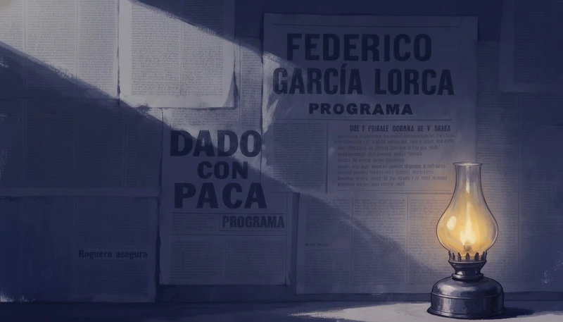 A lamp with a yellow bulb is next to a poster