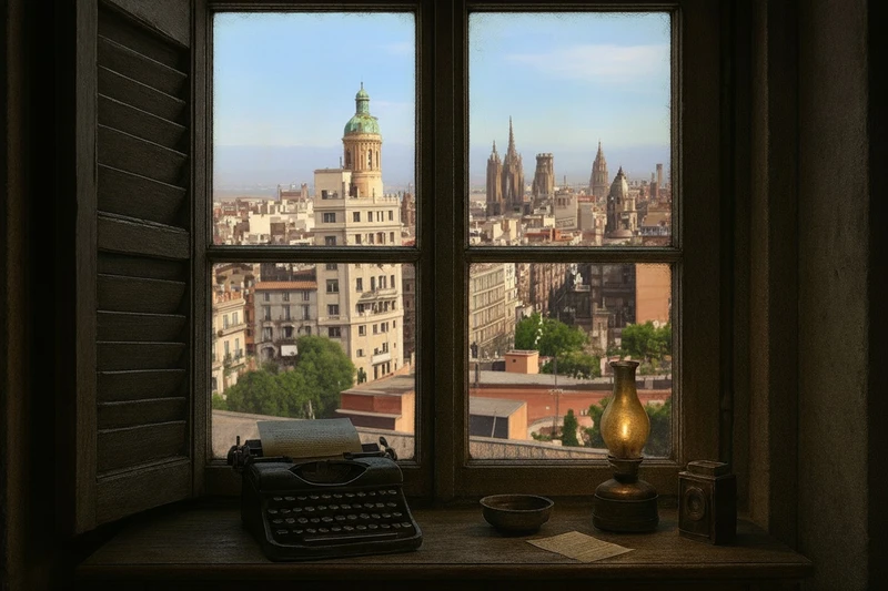 A typewriter and a bowl of fruit on a window sill