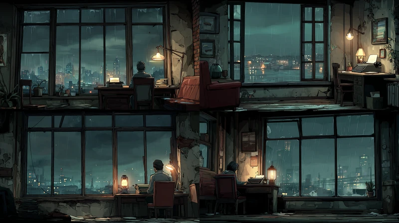 A man sitting at a desk with a lamp and a window