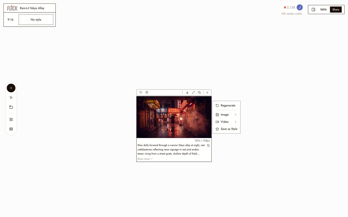 Writing the prompt for AI Cinematic Video Generator on the Flick canvas