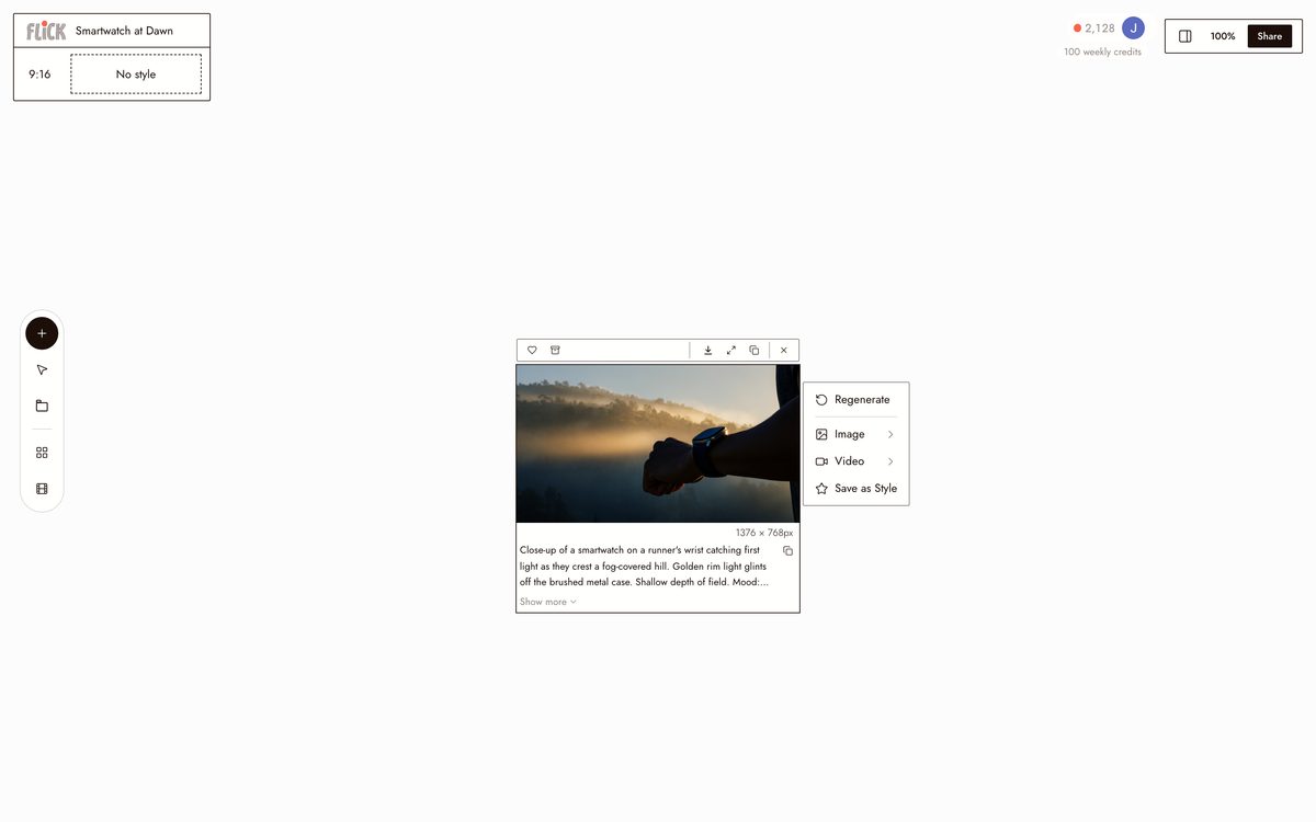 Writing the prompt for AI Commercial Generator on the Flick canvas
