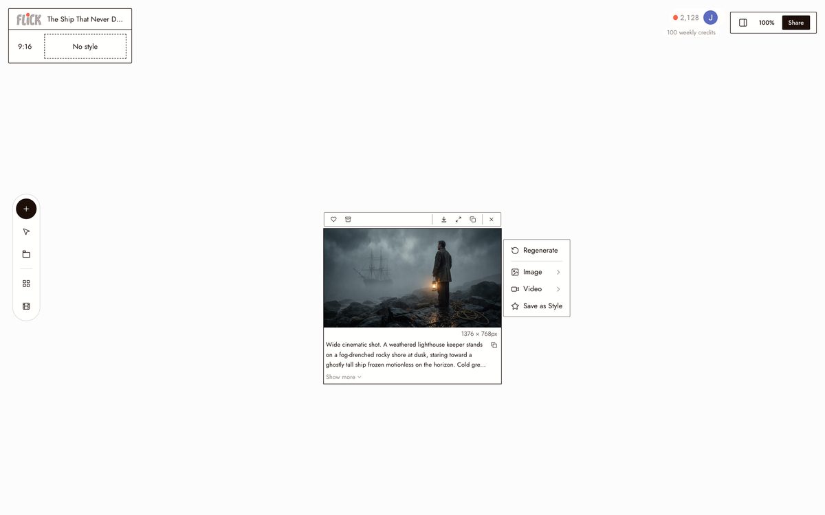 Writing the prompt for AI Film Generator on the Flick canvas