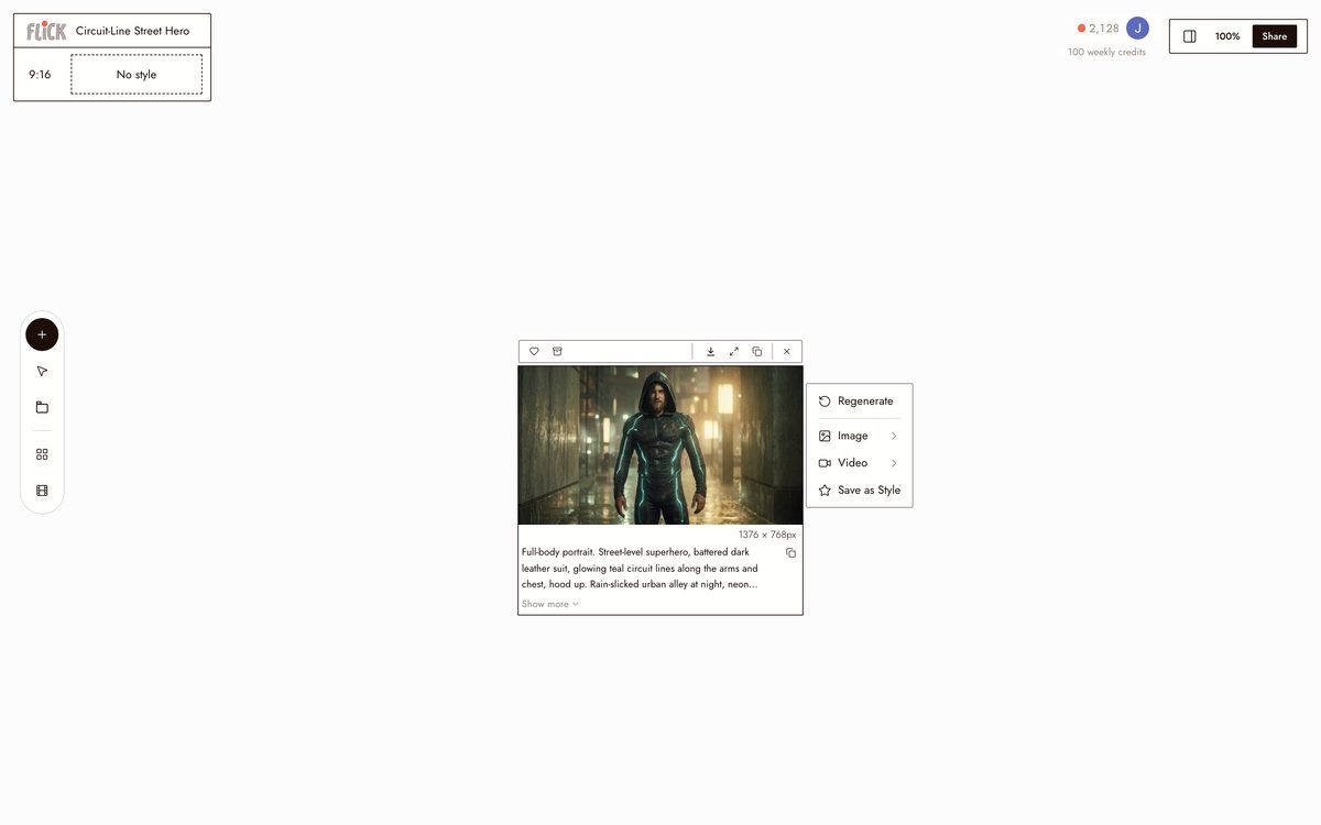 Writing the prompt for AI Superhero Generator on the Flick canvas