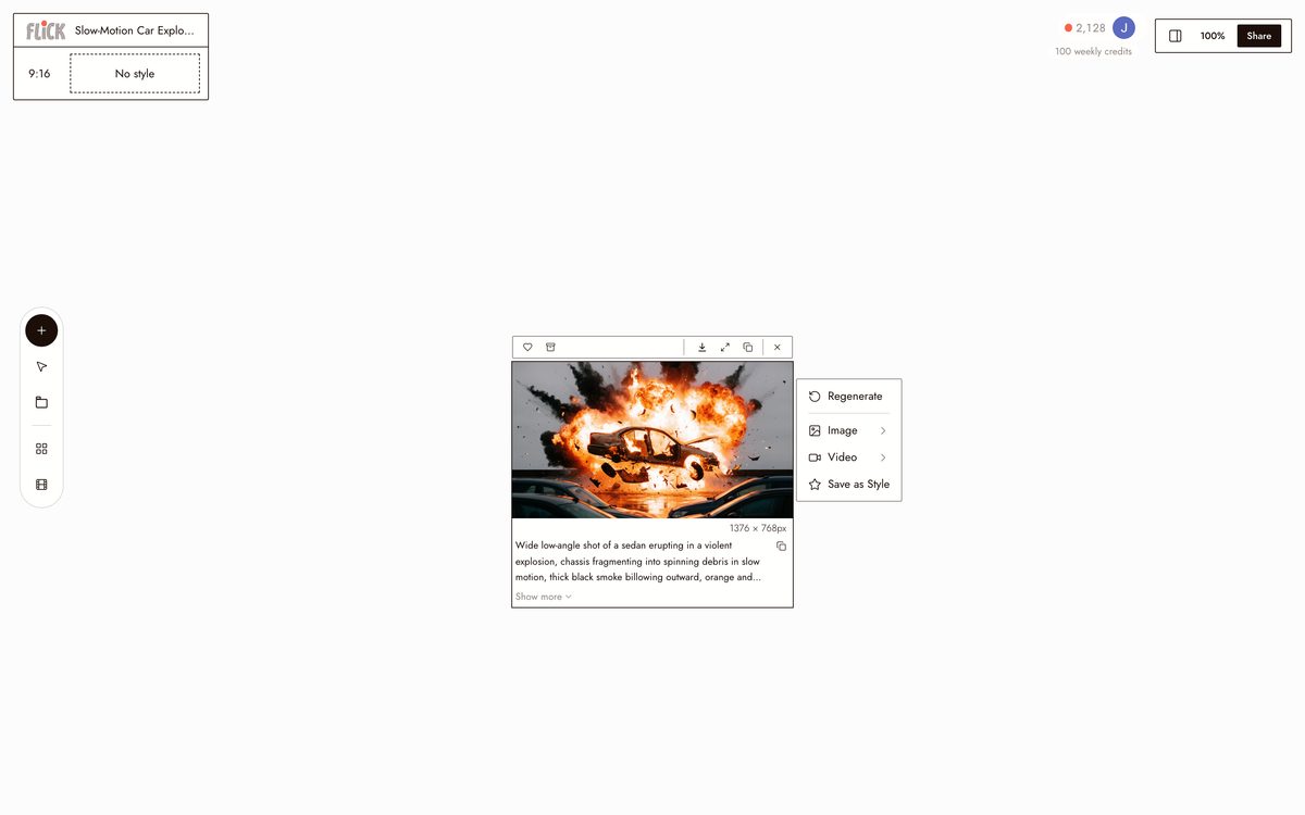 Writing the prompt for AI VFX Generator on the Flick canvas