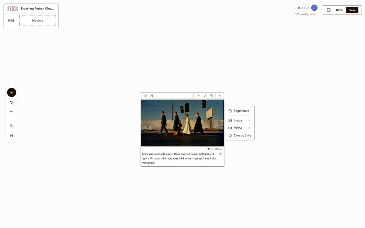 Writing the prompt for AI Midjourney Video Generator on the Flick canvas