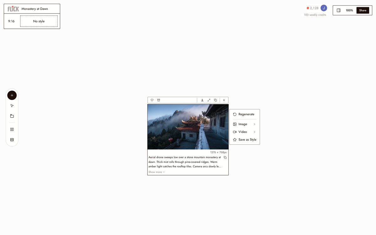 Writing the prompt for AI Sora Prompt Generator on the Flick canvas