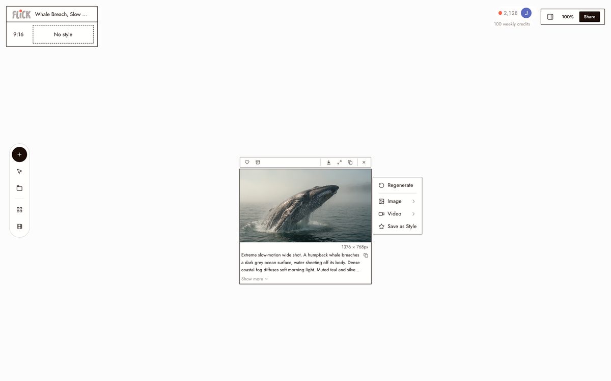 Writing the prompt for AI Veo 3 Prompt Generator on the Flick canvas