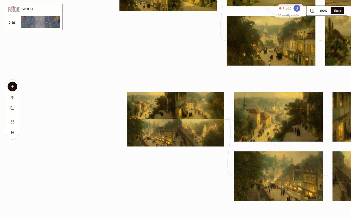 Village aerial grid and the derived wide shots on the WITCH canvas in Flick