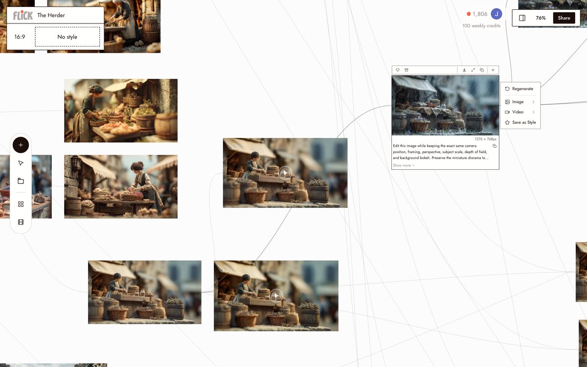 Selected node on The Herder canvas with an edit prompt and matching miniature street iterations with the framing unchanged