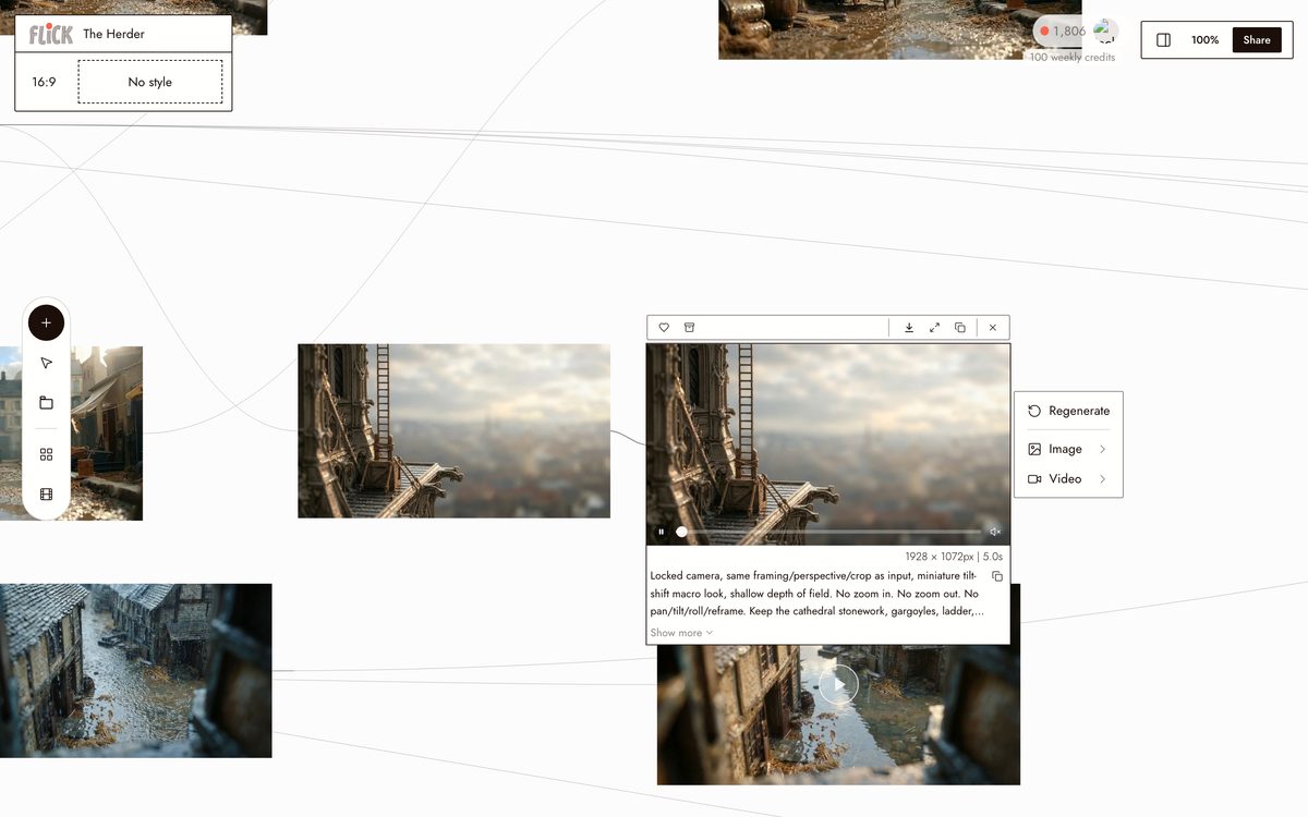 Selected video node on The Herder canvas with a locked-camera tilt-shift prompt and image to video takes