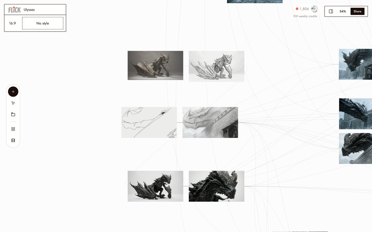 Dragon sketch, graphite study, and the photoreal creature designs they became on the Ulysses canvas