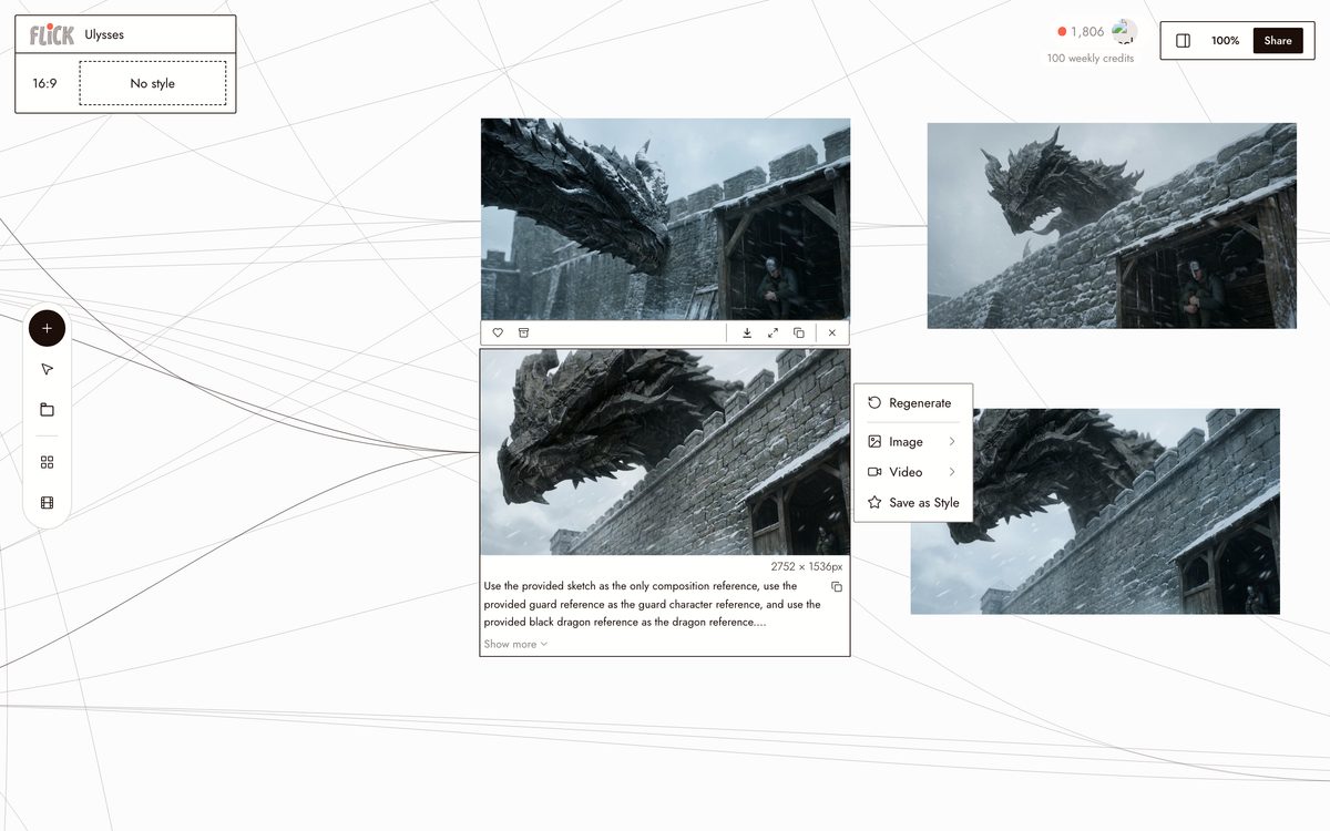 Selected node on the Ulysses canvas with the reference-stack prompt and the photoreal wall shots it produced
