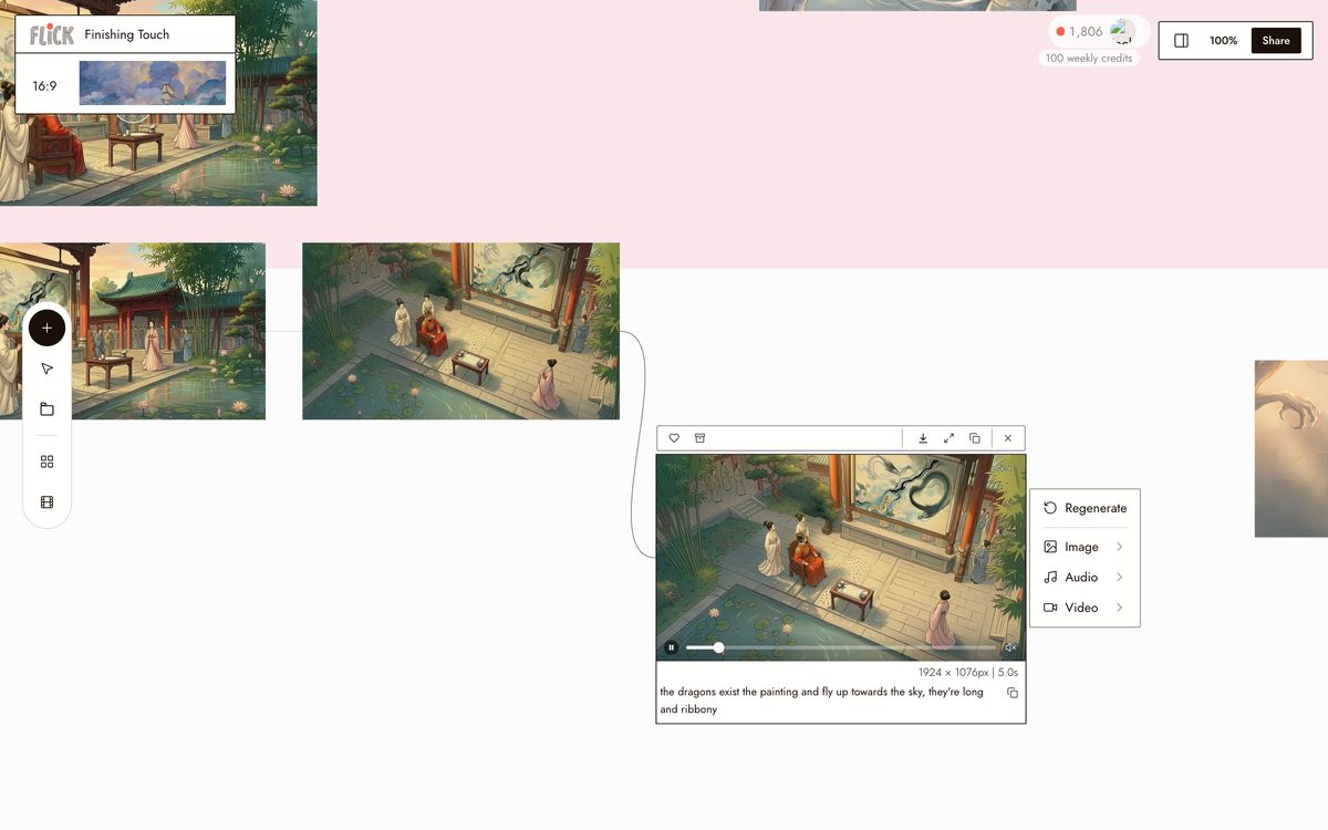 Selected video node on the Finishing Touch canvas playing the mural dragons taking flight, with the working prompt visible