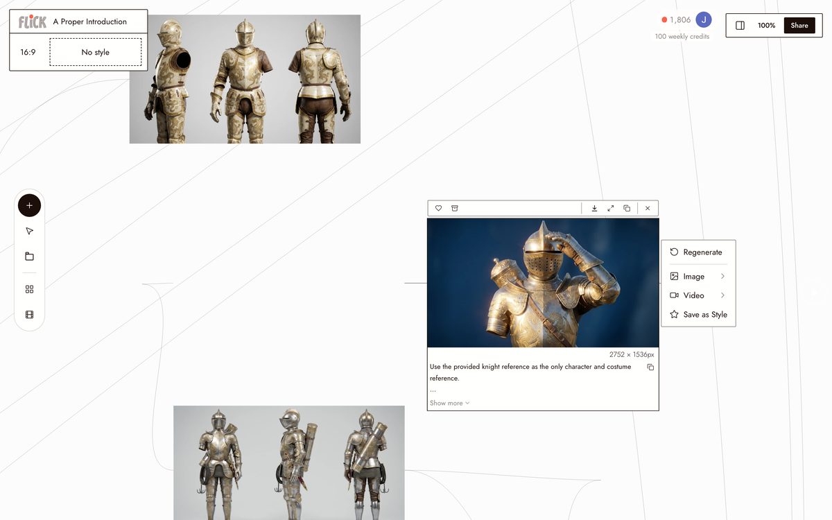 Selected node on the Ser Loras canvas with knight turnaround sheets and the character and costume reference prompt