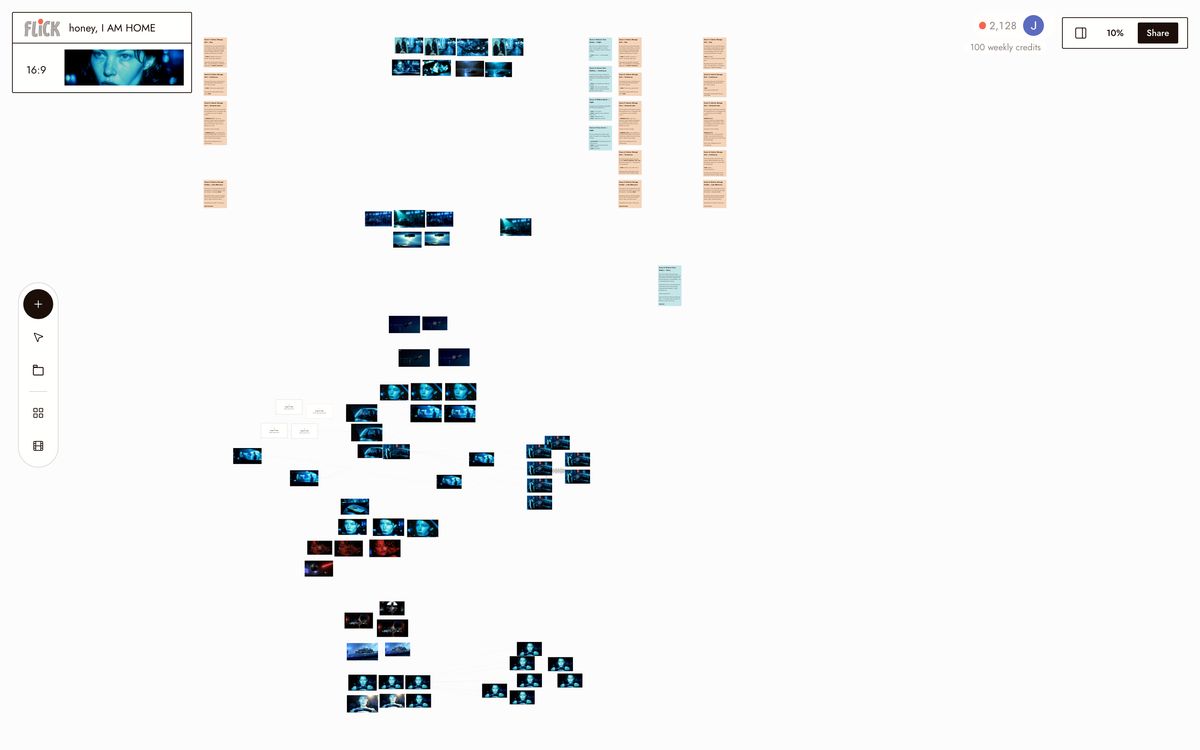 The honey, I AM HOME canvas overview: script notes and shot nodes of the film side by side