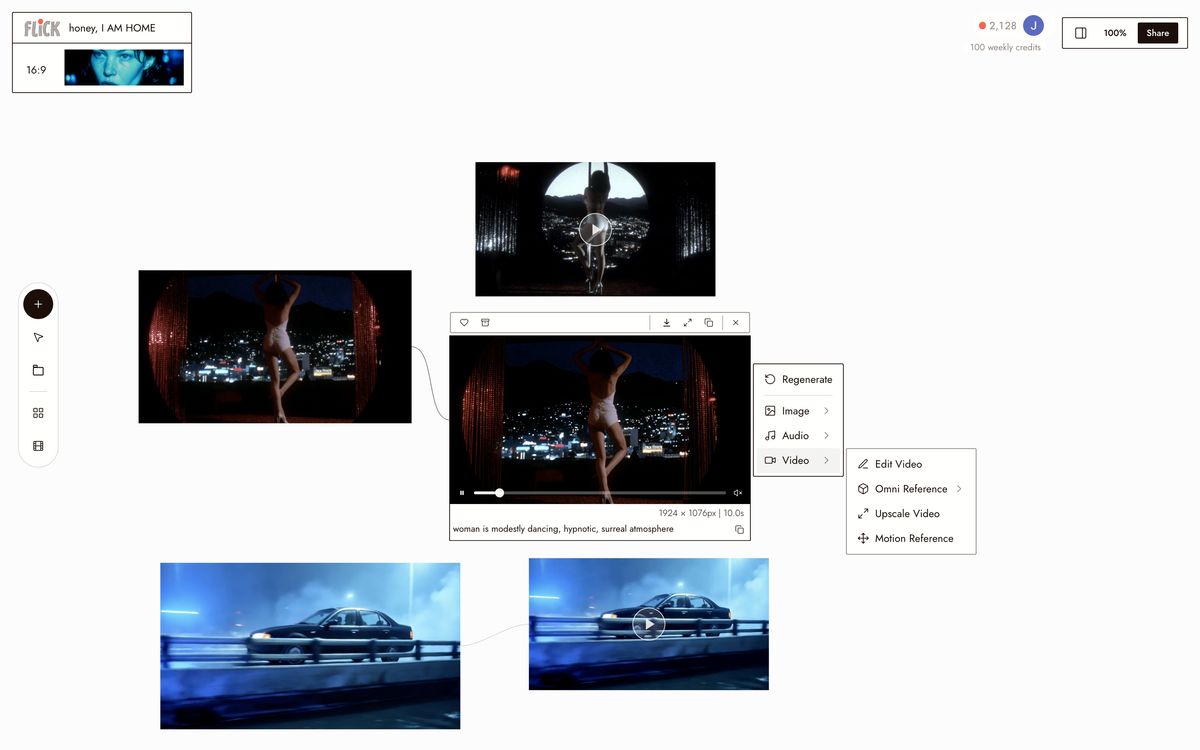 The Video menu open on a playing honey, I AM HOME clip: Edit Video, Omni Reference, Upscale Video, and Motion Reference