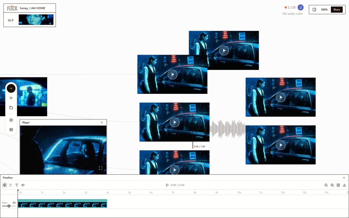 Flick's timeline editor chaining honey, I AM HOME clips and exporting the cut