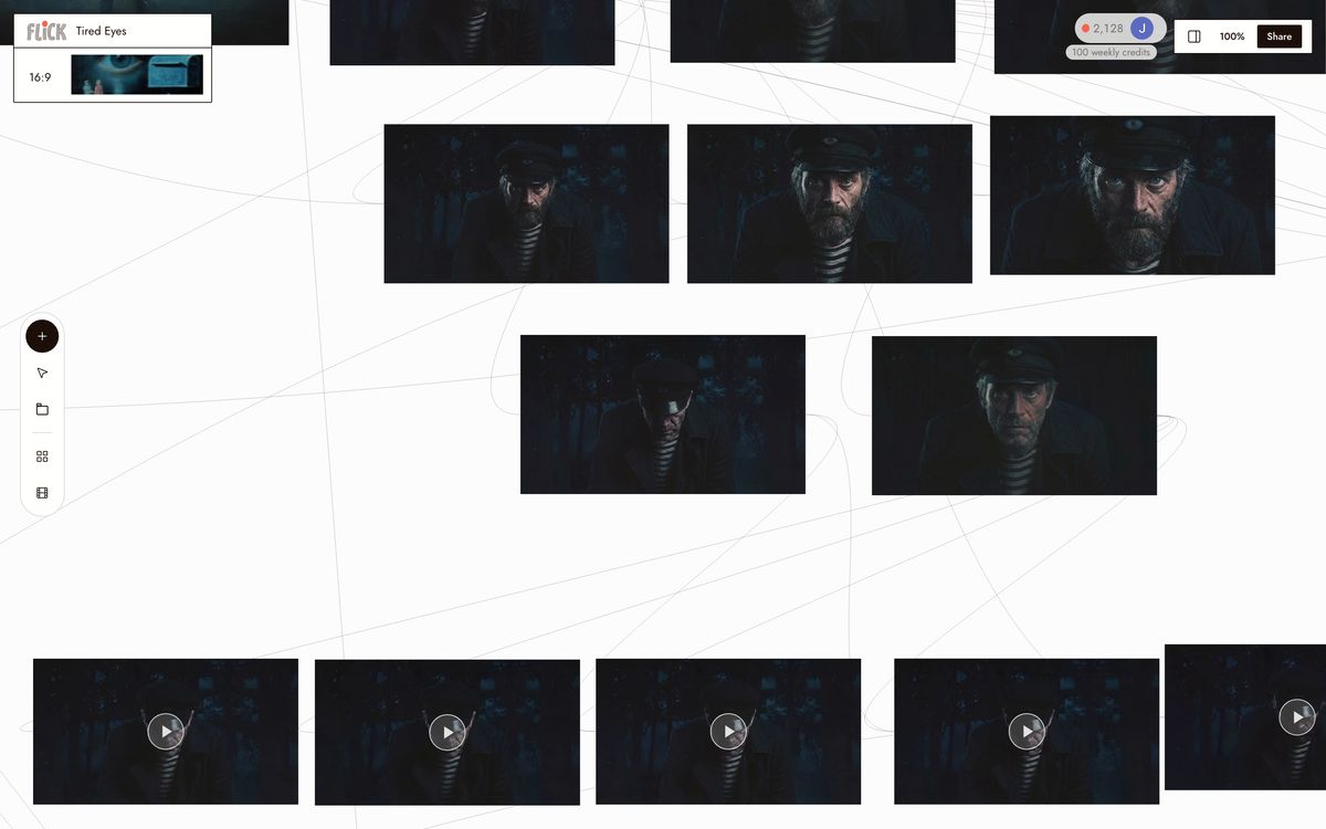 The same sailor character held identical across a dozen image and video nodes on the Flick canvas, locked from one reference