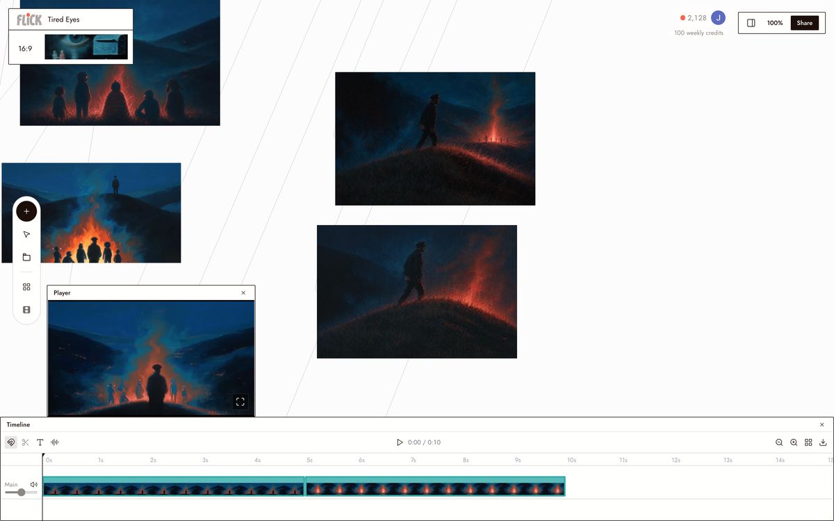 Flick's timeline editor sequencing and trimming two Tired Eyes clips before export