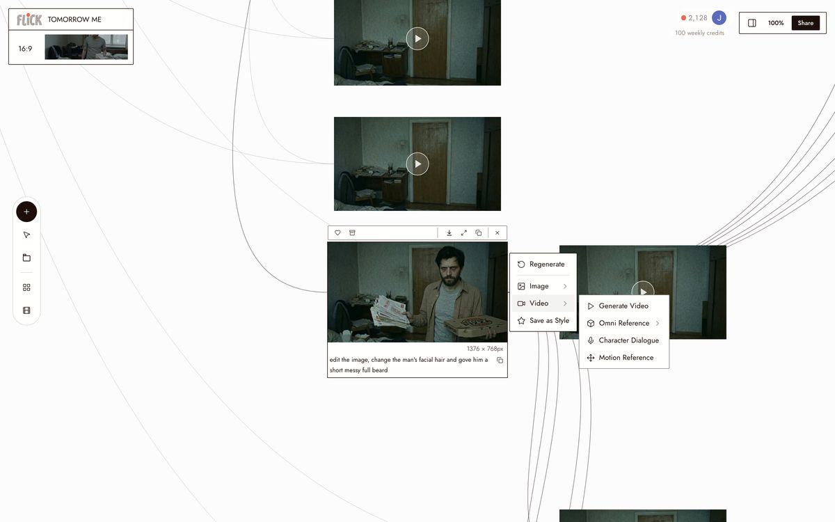 The video menu open on a character still: Generate Video, Omni Reference, Character Dialogue, and Motion Reference