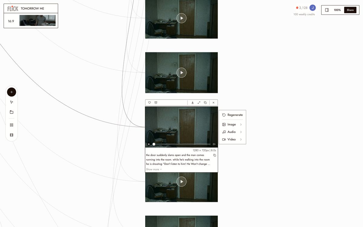 Image-to-video takes of the TOMORROW ME room chained in sequence on the canvas