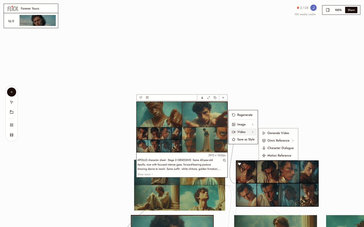 The Video menu open on the Apollo character grids of the Forever Yours canvas