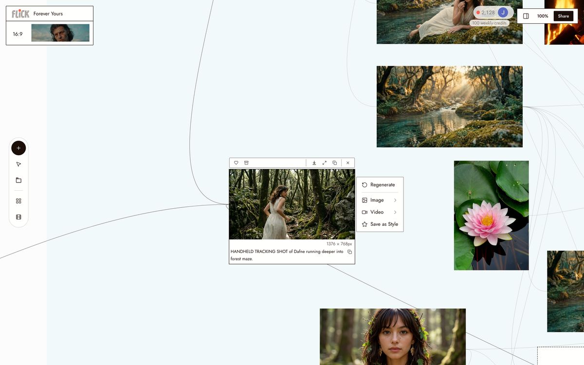 A handheld tracking shot of Dafne prompted on the Forever Yours forest canvas, with surrounding takes