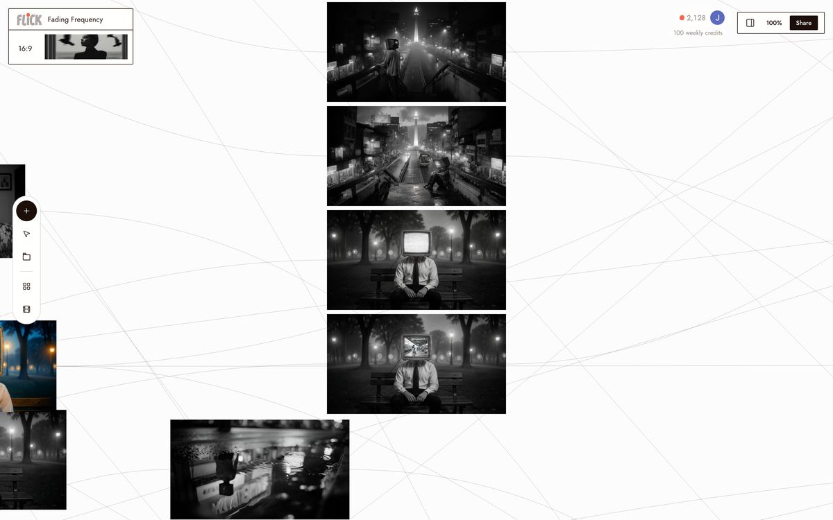 The Fading Frequency lead held identical across four scenes on the Flick canvas