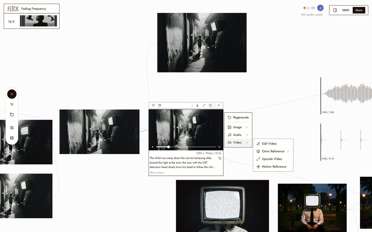 The Video menu open on a Fading Frequency shot: Edit Video, Omni Reference, Upscale Video, and Motion Reference