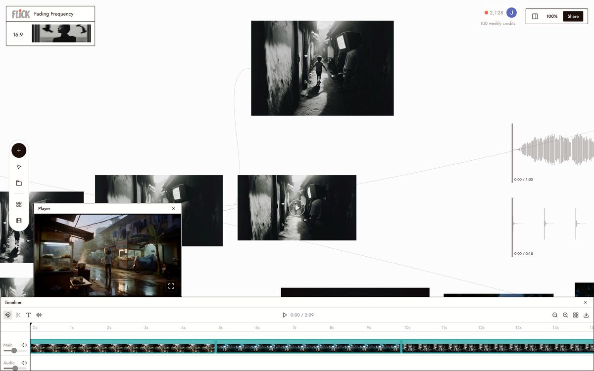 Flick's timeline editor with three Fading Frequency clips chained into a cut