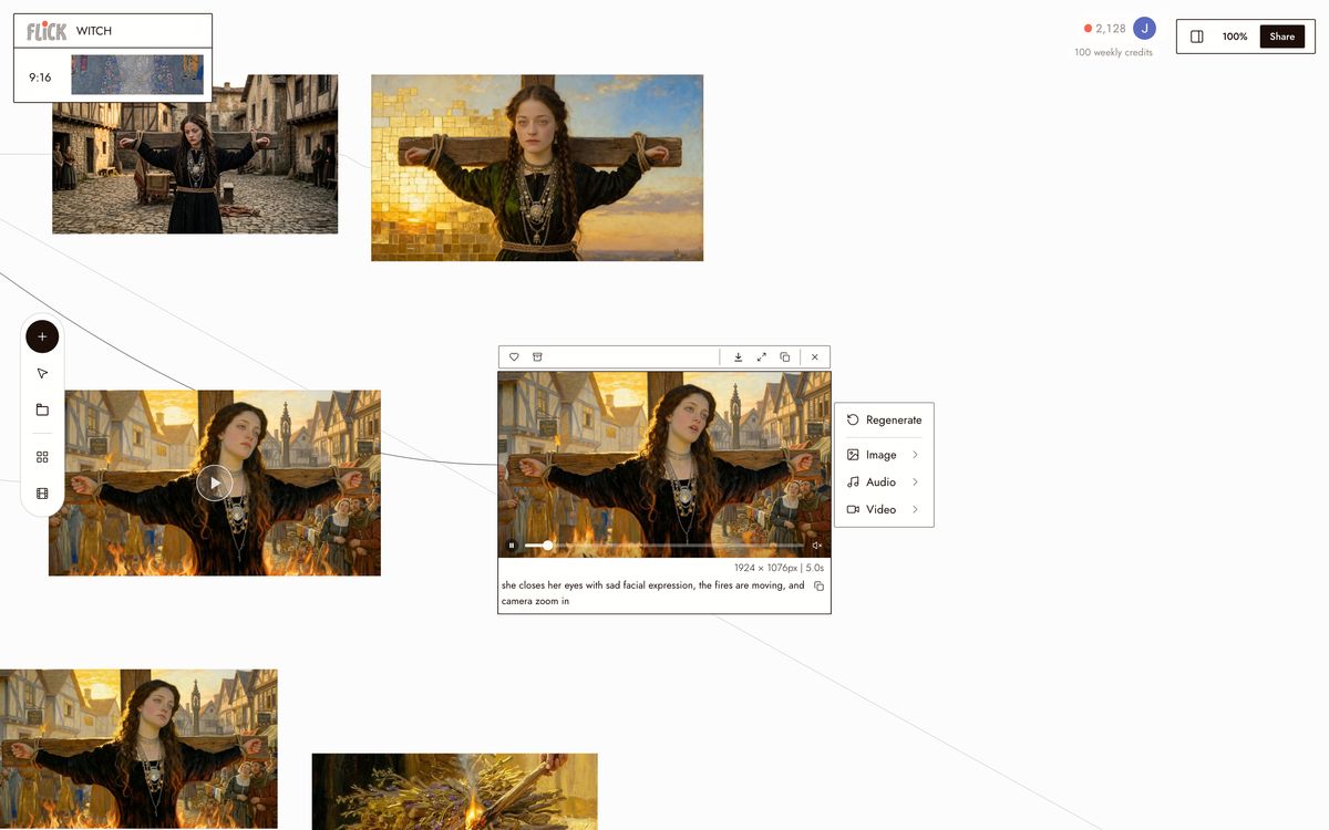 One reference image of the witch character kept consistent across stills and an animated image-to-video node