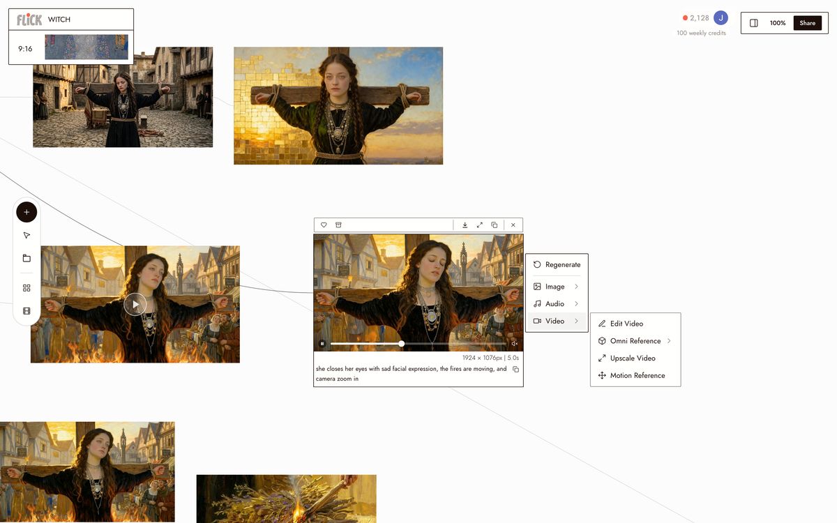 The Video menu open on a playing WITCH clip: Edit Video, Omni Reference, Upscale Video, and Motion Reference