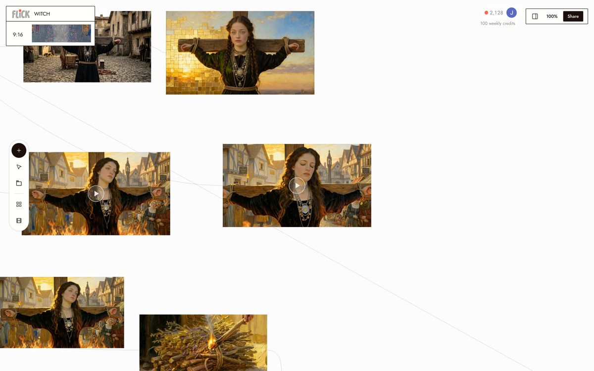 Takes of the WITCH pyre scene side by side on the canvas, video nodes ready to chain