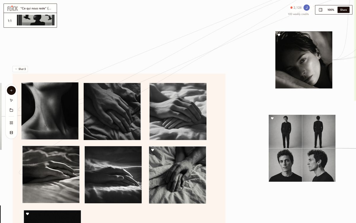 Character turnaround sheets and portraits anchoring the leads of What Remains on the Flick canvas