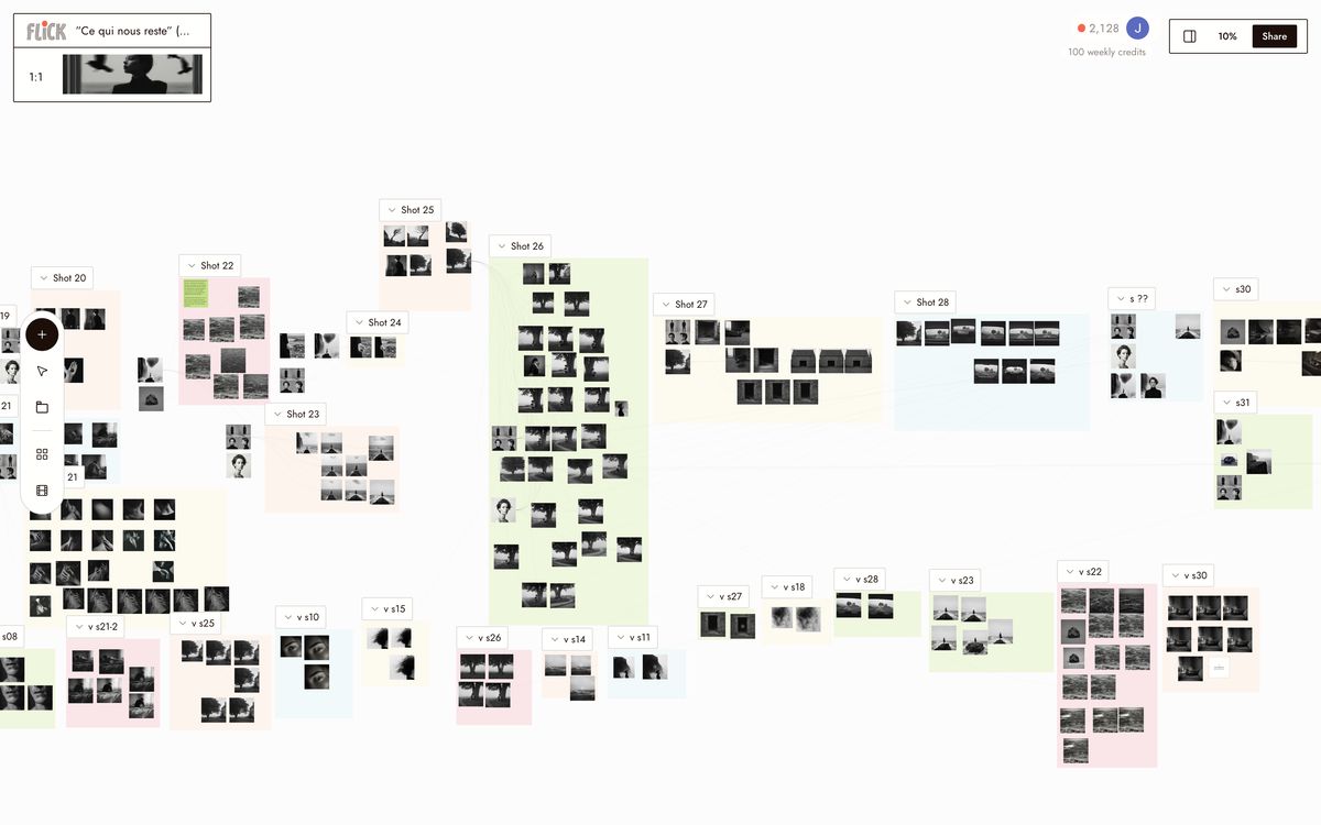 The What Remains canvas overview: the film organized shot by shot into connected sections