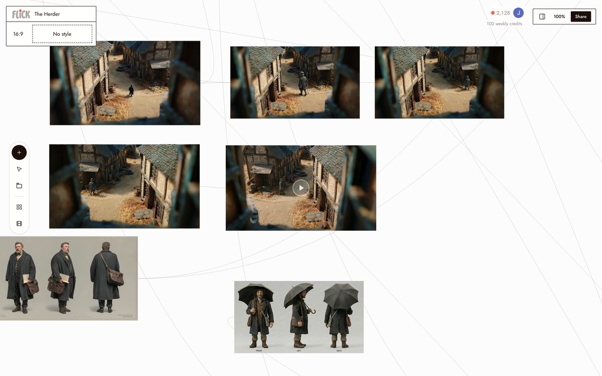 Takes of The Herder's diorama street side by side with the character's turnaround sheets on one canvas