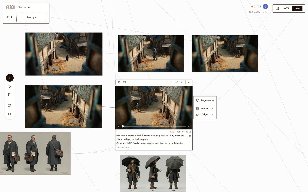 Character turnaround reference sheets on The Herder canvas driving image-to-video shots of the tilt-shift village scene