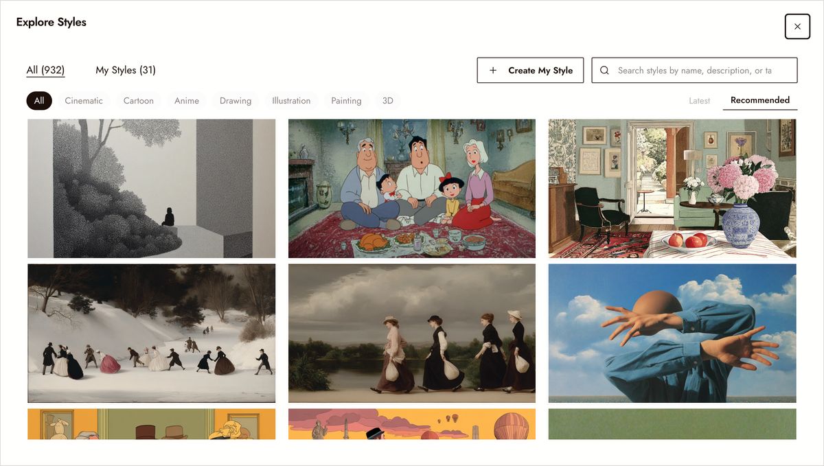Flick's Explore Styles library open: 932 styles with category filters and search