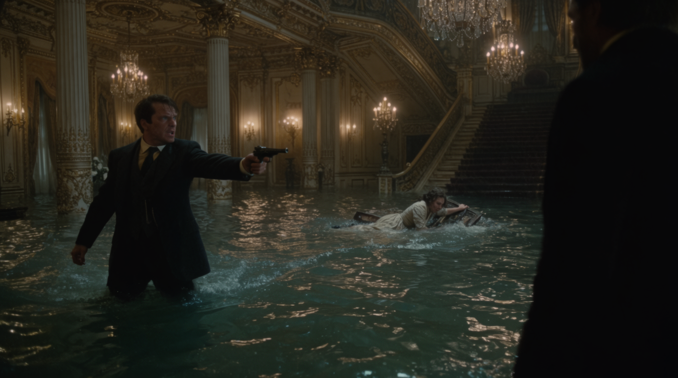 Chaos dans le grand hall inondé