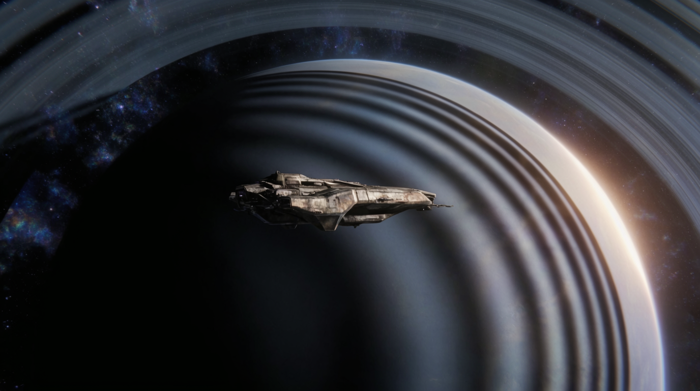 Spaceship Drifts Past Rings