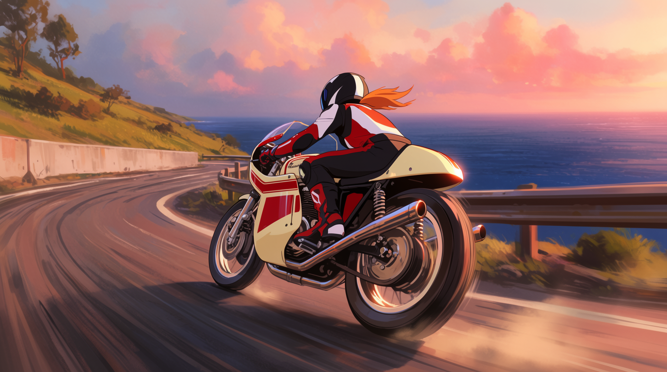 Une moto faisant la course sur une route côtière