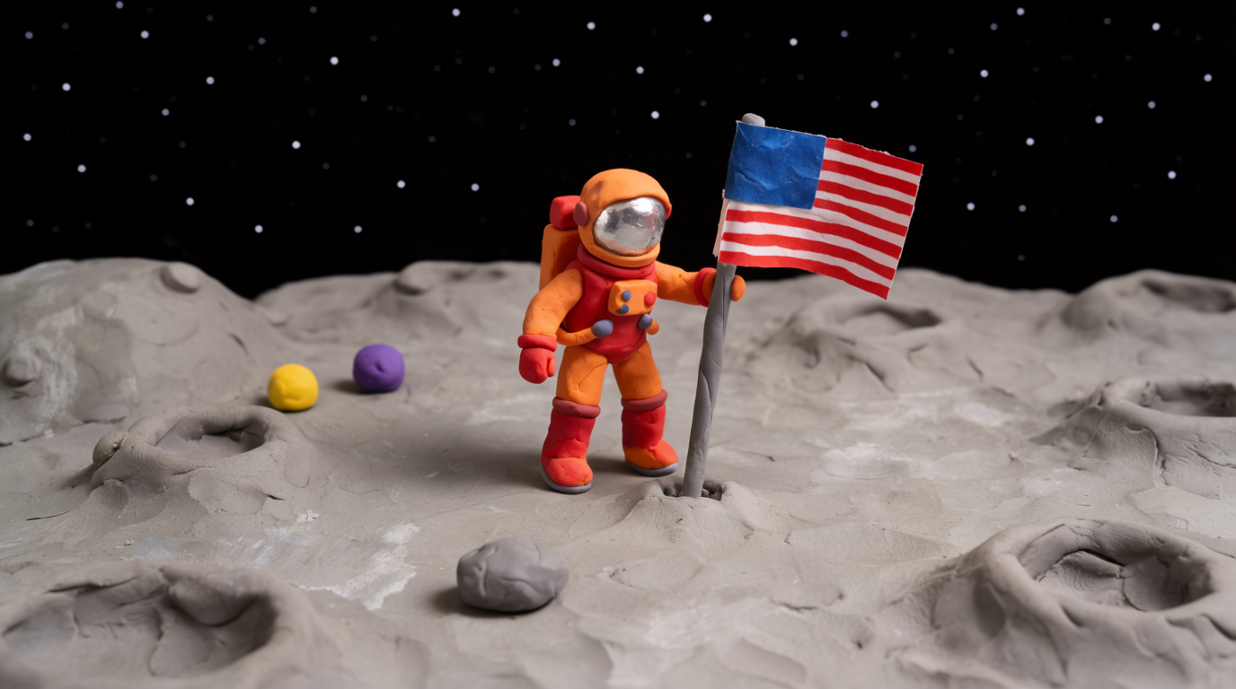Un piccolo astronauta d'argilla che pianta una bandiera sulla luna