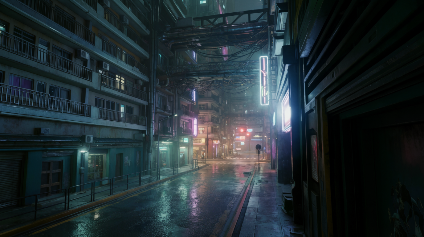 A rain-slick alley under flickering holograms