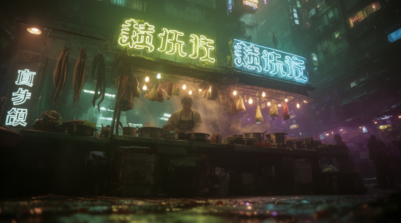 A street vendor's stall lit by neon
