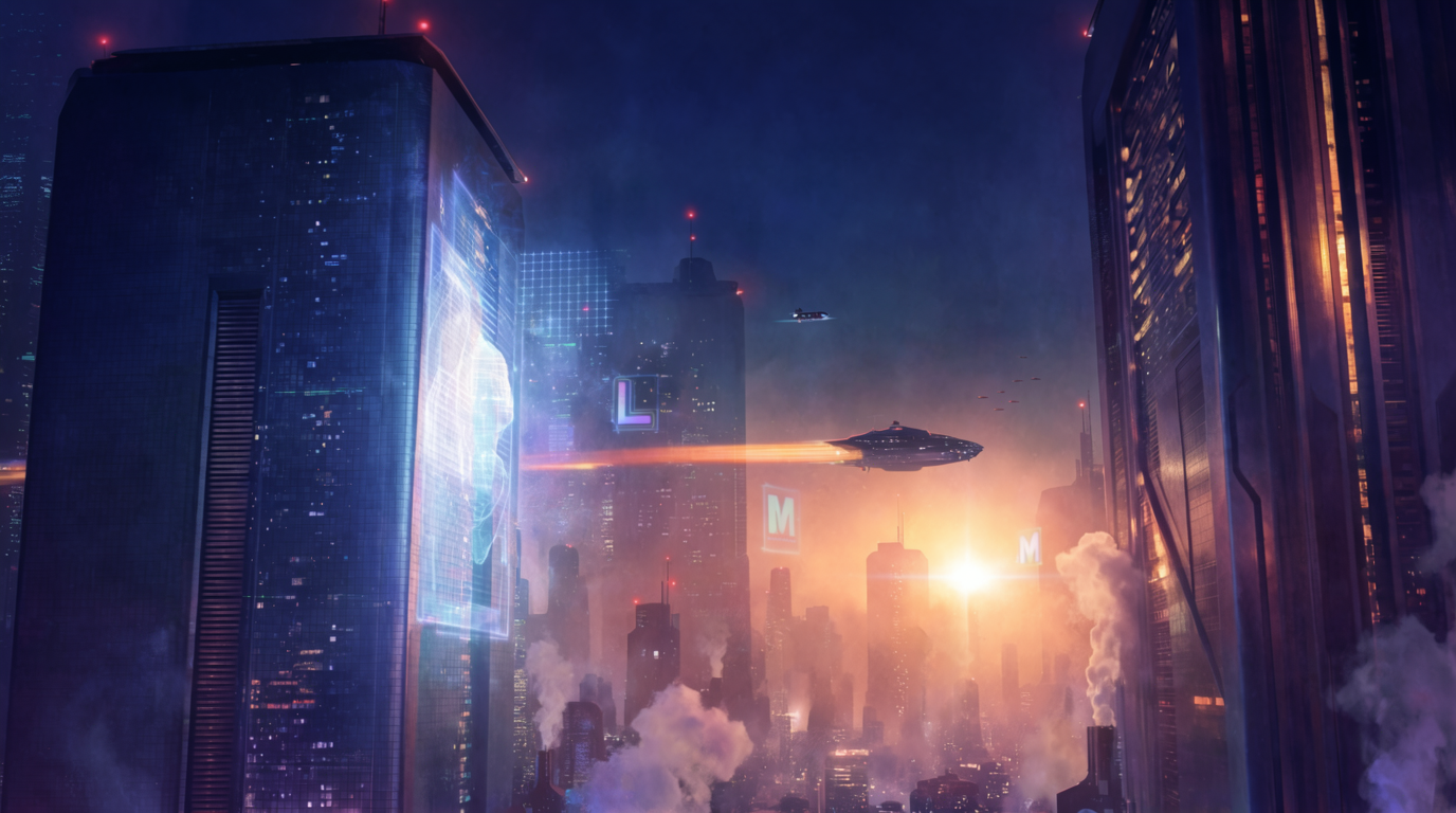 A skyline of towers and drifting airships