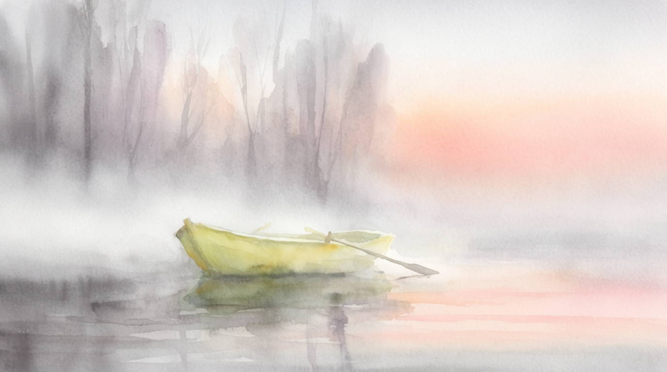 A rowboat on a misty painted lake