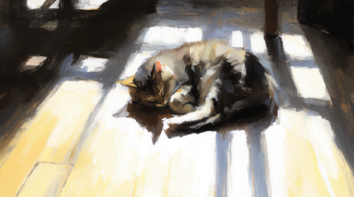 A cat asleep on a sunlit windowsill